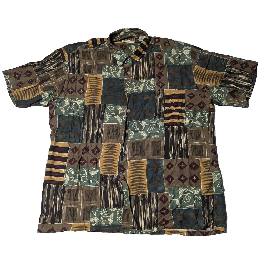 BURMA BIBAS Men Size XL Green Multi‎ Rayon Floral Geo Abstract Hawaiian Shirt